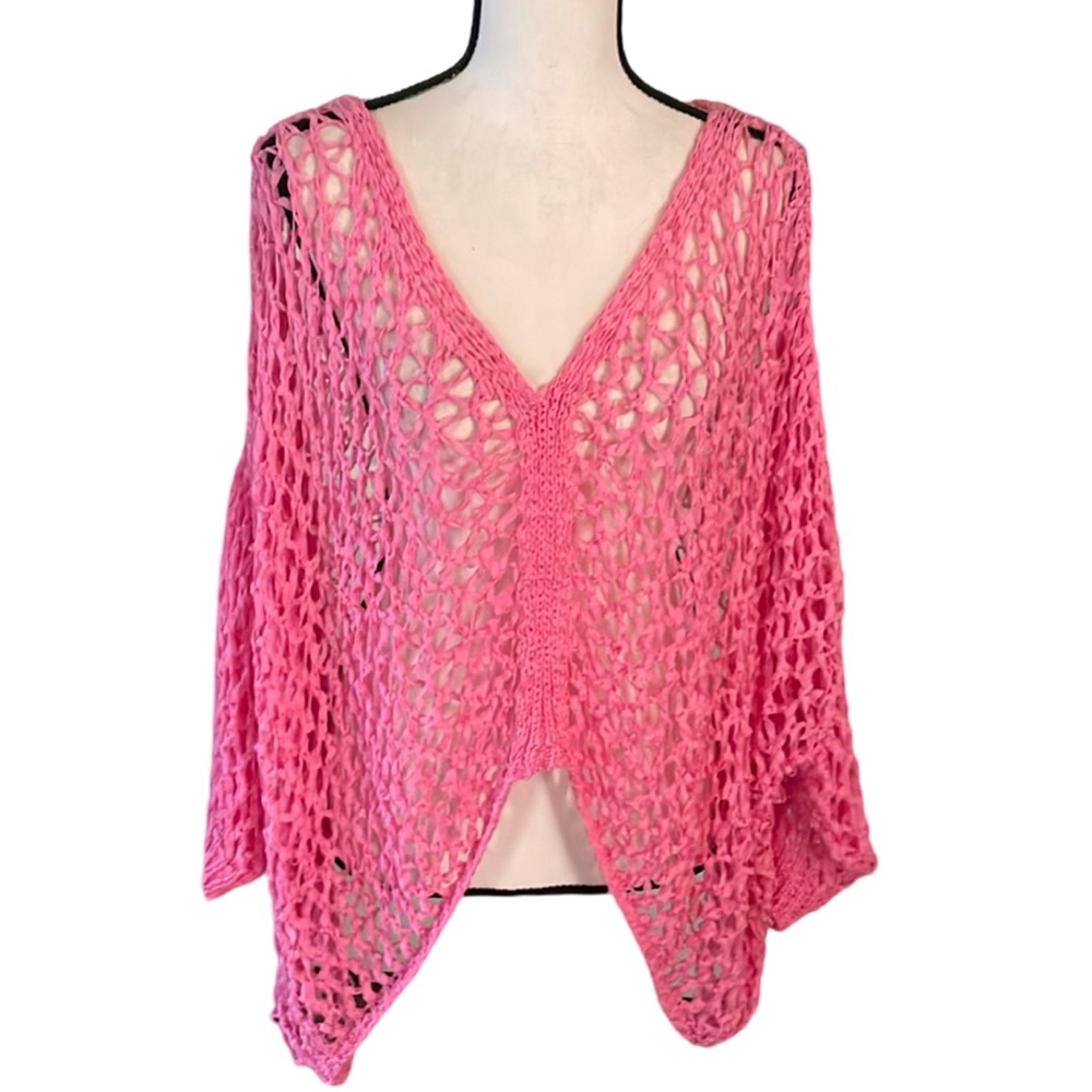 ITOO Brand Pink Asymmetrical Open Stitch 3/4 Sleeve Top